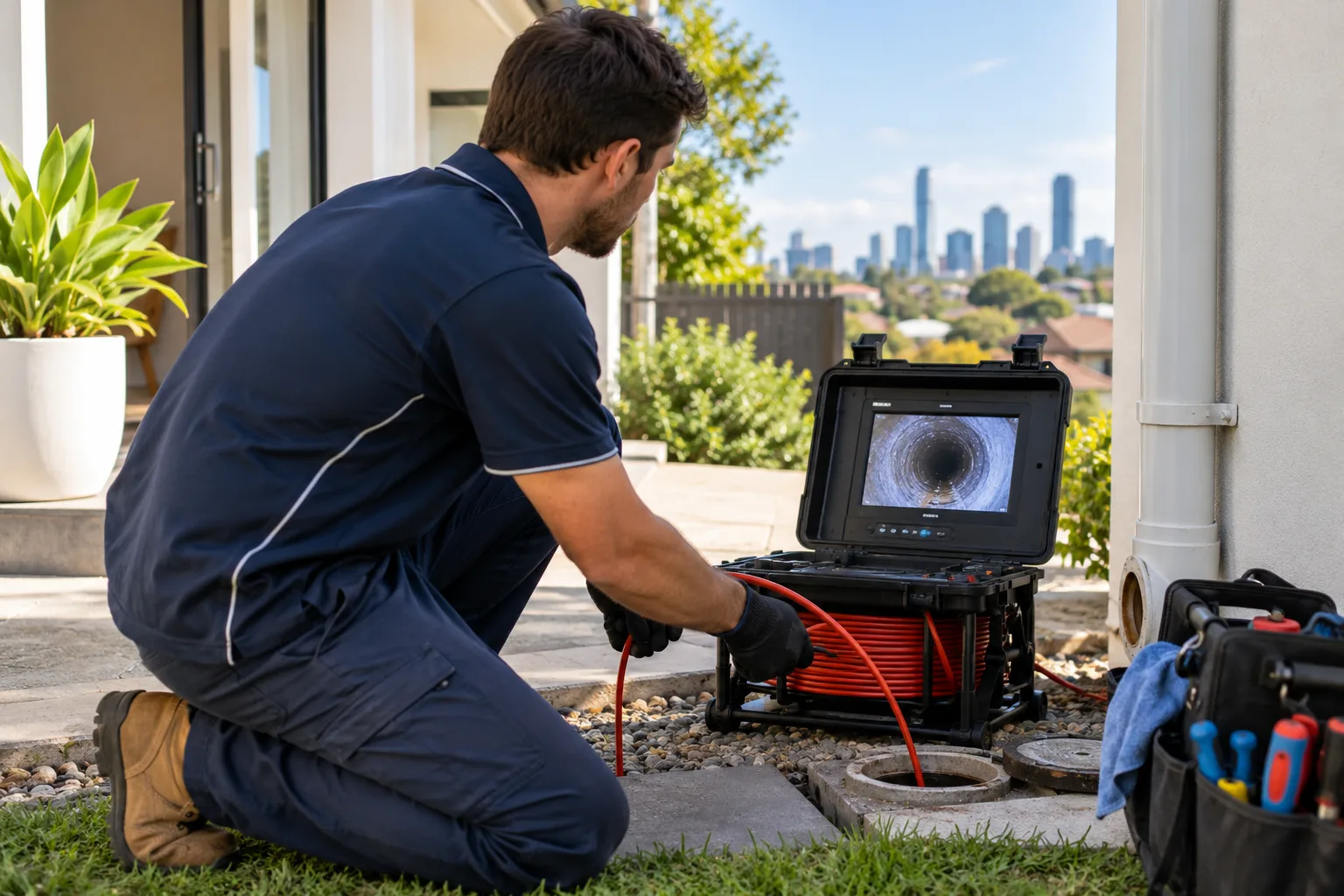 Illustrative plumber using a CCTV drain camera outside a home