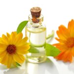 a glass bottle of aromatic oil with chamomile flowers on a white background