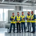 engineers inspecting industrial air compressor installation in a modern perth workshop