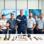 group of professional plumbers in a bright modern australian office