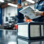 membrane filter cartridge on workshop table with technician nearby