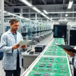 technicians and machines assembling circuit boards in a modern us electronics factory